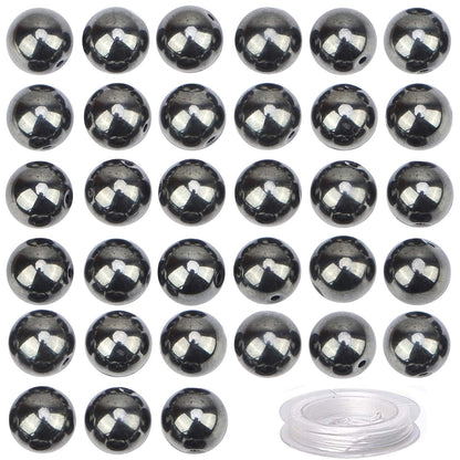 100Pcs Natural Crystal Beads Stone Gemstone Round Loose Energy Healing Beads with Free Crystal Stretch Cord for Jewelry Making (Hematite, 8MM)