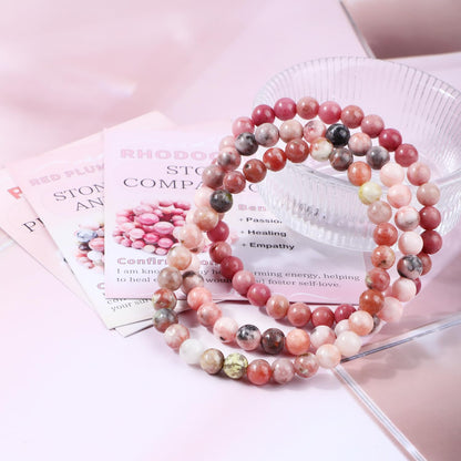NCB 3-Piece 6mm Natural Crystal Gemstone Stretch Bracelets – ﻿Rhodochrosite, Pink Zebra, Pink Black Rhodonite Handmade Reiki Energy Healing Jewelry for Meditation,Yoga, Unisex