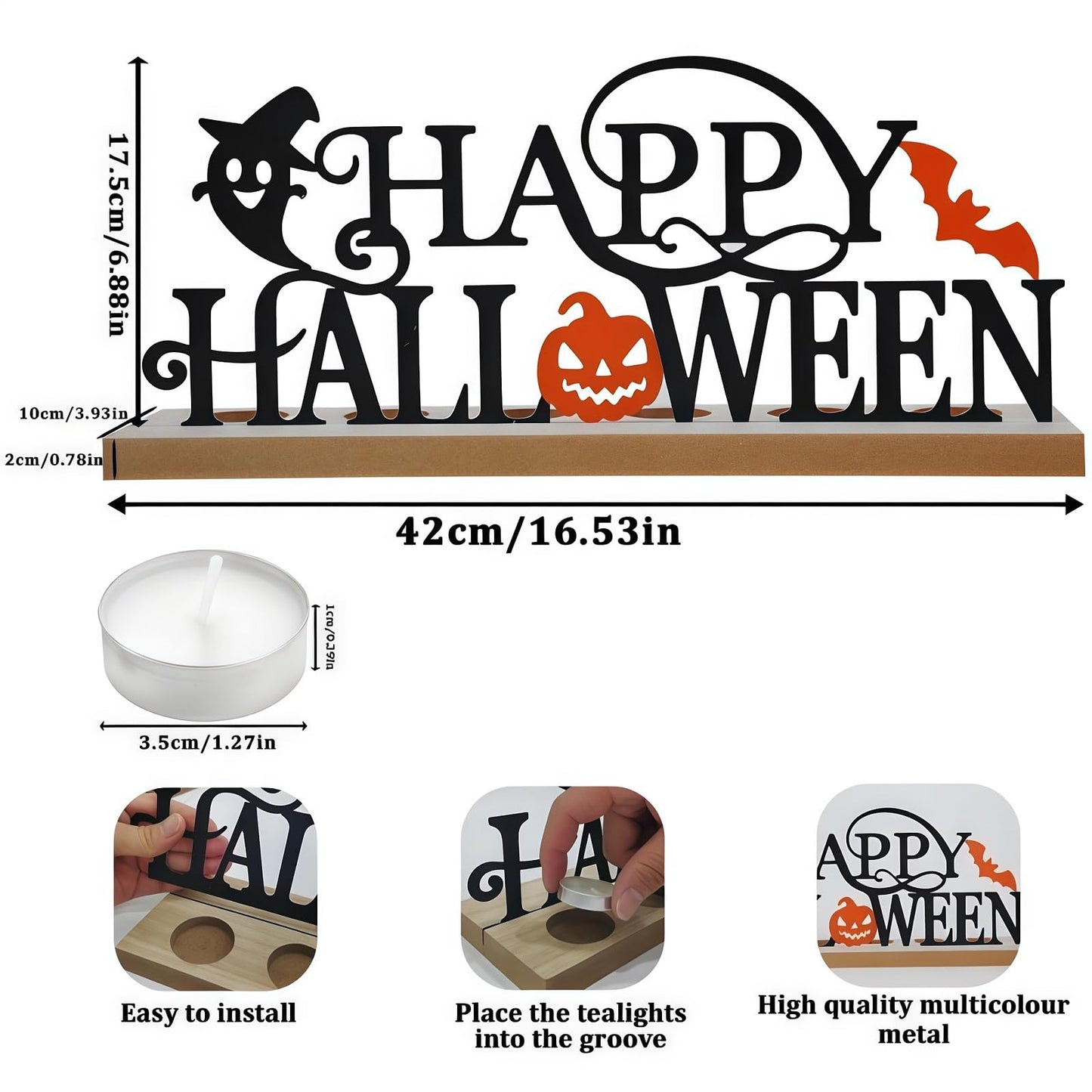 Metal Happy Halloween Sign, Tiered Tray Decor with 18pcs Tealights, Black Halloween Decorations Tea Lights Holders for Home, Office, Shelf, Mantel, Indoor, Table, Spooky Jack-o-lantern Ghost Bat Decor