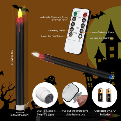 wemarry Flameless Taper Candles 10.6" Dripless Battery Operated Taper Candles Included Remote Timer 400+ Hours by 2AA Batteries for Halloween Christmas Wedding (Black+Burgundy, 6 Pack)