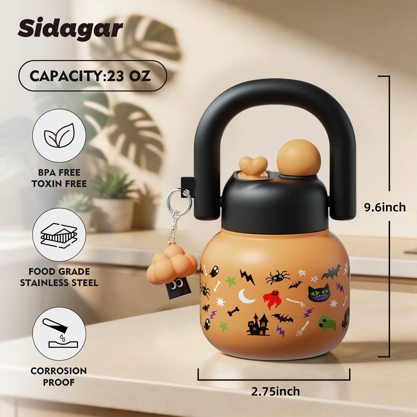 Sidagar 22 oz Tote Water Bottle with Straw and Carry Handle, Wide Mouth Vacuum Insulated Stainless Steel Tumbler, Travel Coffee Cup for Women Easy Carry, Halloween