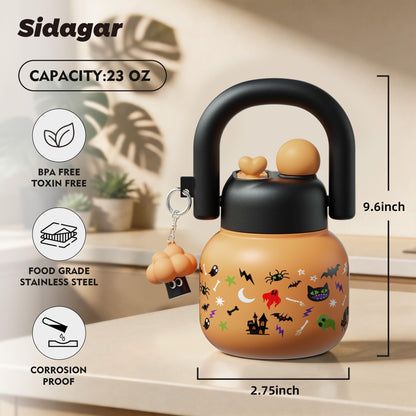 Sidagar 22 oz Tote Water Bottle with Straw and Carry Handle, Wide Mouth Vacuum Insulated Stainless Steel Tumbler, Travel Coffee Cup for Women Easy Carry, Halloween