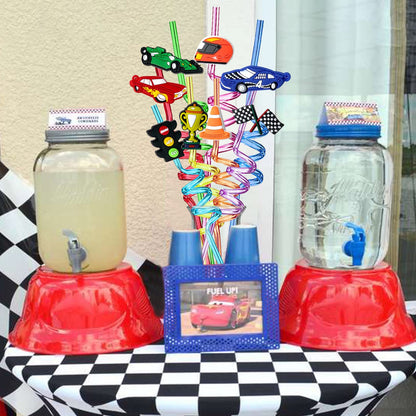 24Pcs Race Car Reusable Straws Party Decorations Birthday Party Supplies Drink Markers with 2Pcs Cleaning Brushes