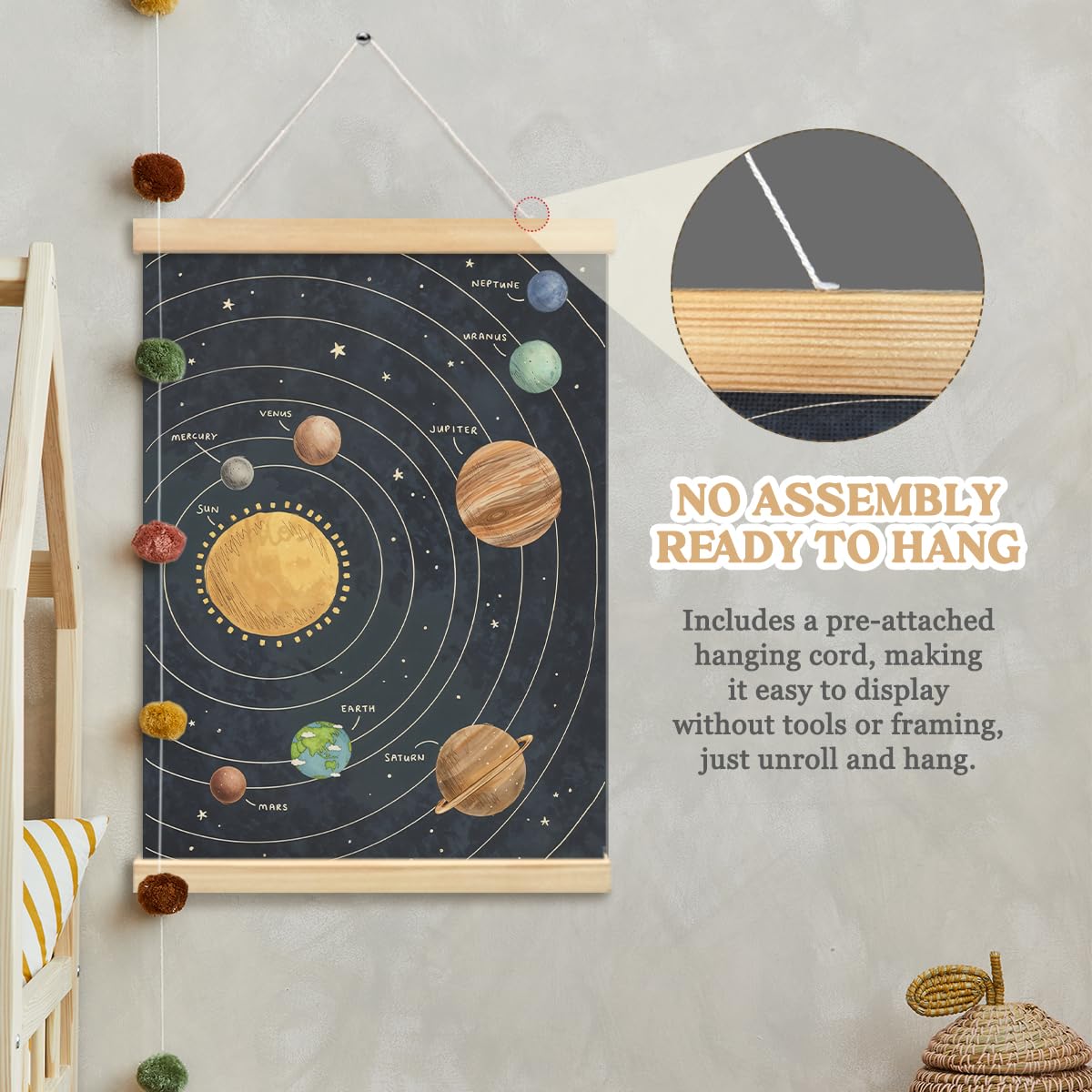MOFUYU Solar System for Kids,Space Decor for Boys Room,Solar System Poster,Planet Solar System Poster Hanger Frame for Home Kids Room Homeschool 12x16 Inch