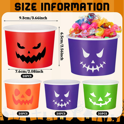 Uiifan 80 Pcs 8 Oz Halloween Disposable Cups Paper Snack Cups Halloween Party Cups Disposable Pumpkin Bowls for Adult Coffee Juice Hot Cold Drinks Candy Snack Party Supplies, 4 Styles