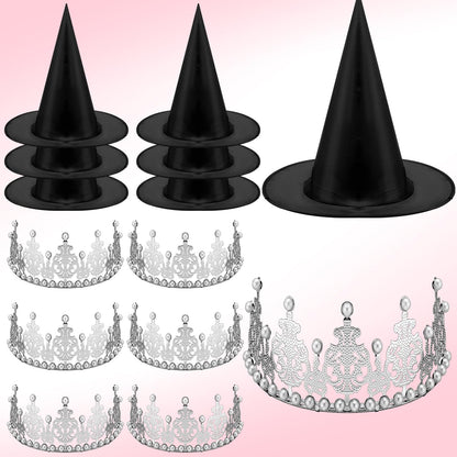 Chicingyou 12 Pcs Princess Crowns and Witch Hats Set, Pink and Green Party Decorations, Royal Queen Crown Black Wizard Hats for Princess Witch Themed Party Decor Gift