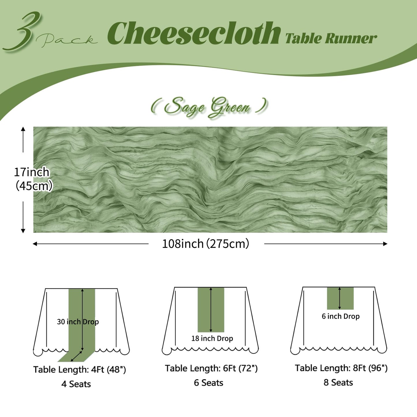 ACSUIT 3 Pack Sage Green Cheesecloth Table Runner, 17 x 108 inch, Semi Sheer Boho Cheese Cloth Fabric Table Runner Bulk for Wedding, Birthday, Party, Holiday, Home Decor (Sage Green)