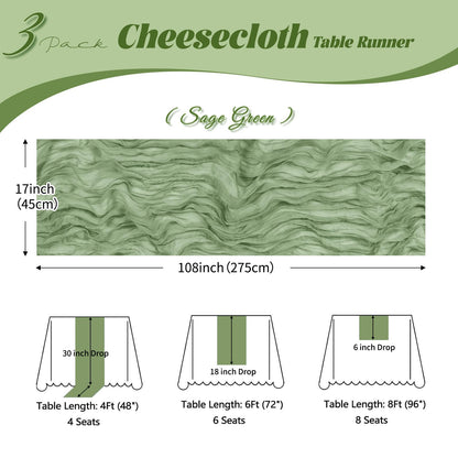 ACSUIT 3 Pack Sage Green Cheesecloth Table Runner, 17 x 108 inch, Semi Sheer Boho Cheese Cloth Fabric Table Runner Bulk for Wedding, Birthday, Party, Holiday, Home Decor (Sage Green)