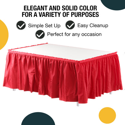 Exquisite Red Table Skirt 6 Pack - Disposable Plastic Table Skirts for Rectangle Tables 6ft 8ft & Round Tables - 29in x 14ft Self-Adhesive Strip - Birthday Wedding Gender Reveal Decor