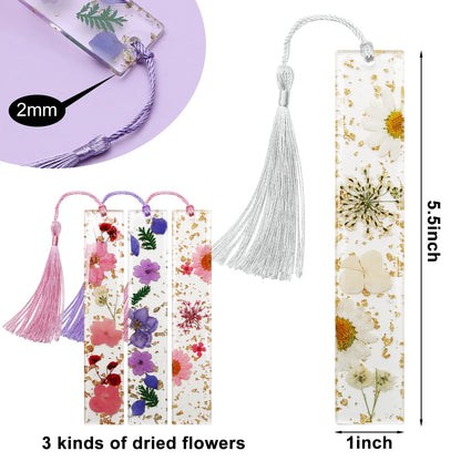 Dried Flower Bookmarks with Tassels, Kaluofan 4PCS Bookmarks for Women, Durable Handmade Dried Flower Resin Bookmarks, Pretty and Increase Reading Interest, (FB04)