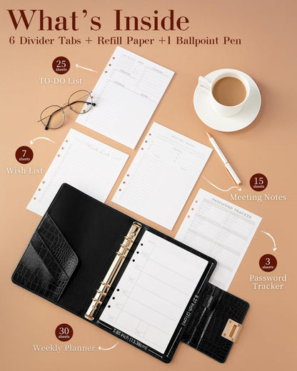 EGOSUNNY Croc-Embossed A5 PU Leather Planner 5.8" x 8.3", Refillable 6-Ring Binder with 80 Sheets, Dividers & Elegant Metal Ballpoint Pen – Professional Organizer for Work & Everyday Use