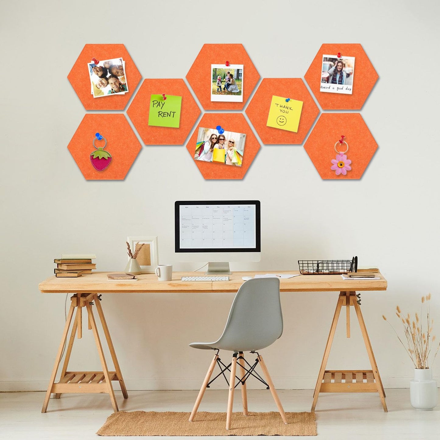 8 Packs Orange Hexagon Felt Pin Board, 12" Bulletin Board with 30 Push Pins, Felt Board for Home Kitchen Office Decor, Self-Adhesive Corkboard Tiles for Walls Classroom Message Photos Memos Display