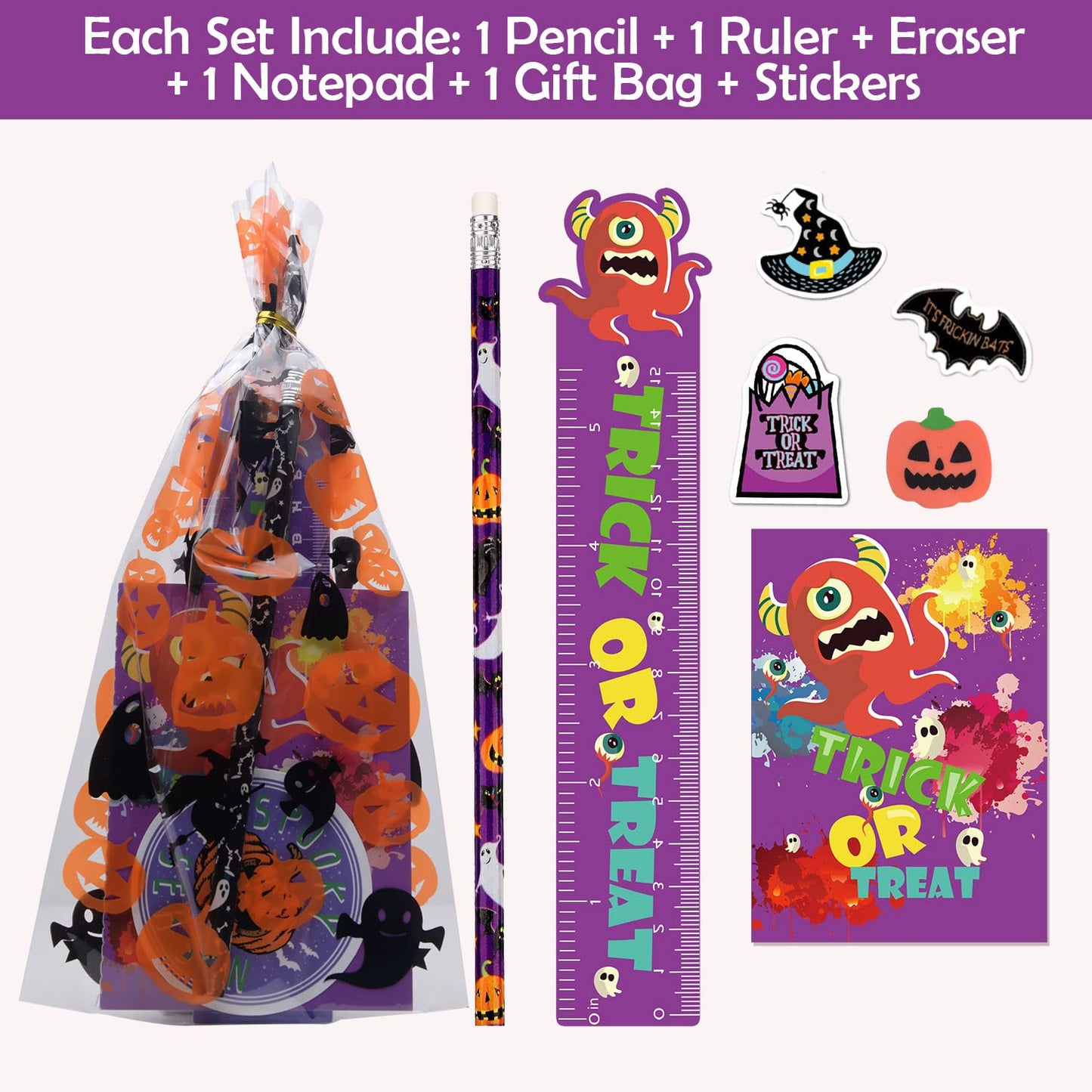 WOONOO 200PCS Halloween Party Favors for Kids Stationery Set, 30 PACK Assorted Halloween Goodie Bag Stuffers, Bulk Halloween Treats Bags for Trick or Treat Pencils Erasers Rulers