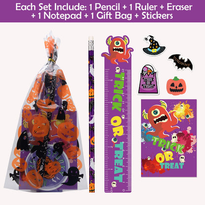 WOONOO 200PCS Halloween Party Favors for Kids Stationery Set, 30 PACK Assorted Halloween Goodie Bag Stuffers, Bulk Halloween Treats Bags for Trick or Treat Pencils Erasers Rulers