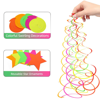 56 Pieces UV Hanging Swirls Decorations Paper Neon Streamer for Ceiling Star Neon Garlands Black Light Neon Decorations for Dark Glow Party Supplies and Decorations Birthday Neon Party Favors