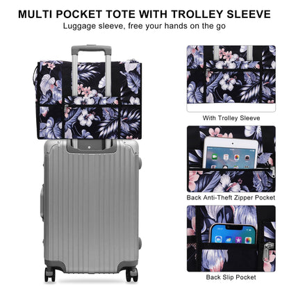 HAWEE Utility Zippered Tote Bag with Laptop Compartment and Luggage Sleeve for Nursing Work Travel 15 Pockets Water Repellent Commuter Bag, Hibiscus
