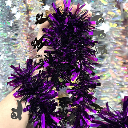 66 Ft Halloween Purple Tinsel Garland with Black Small Ghost Glitter Fluffy Tassel Twist Garland Hanging Decoration for Halloween Home Tree Ornaments Holiday Indoor Outdoor Party Decorations