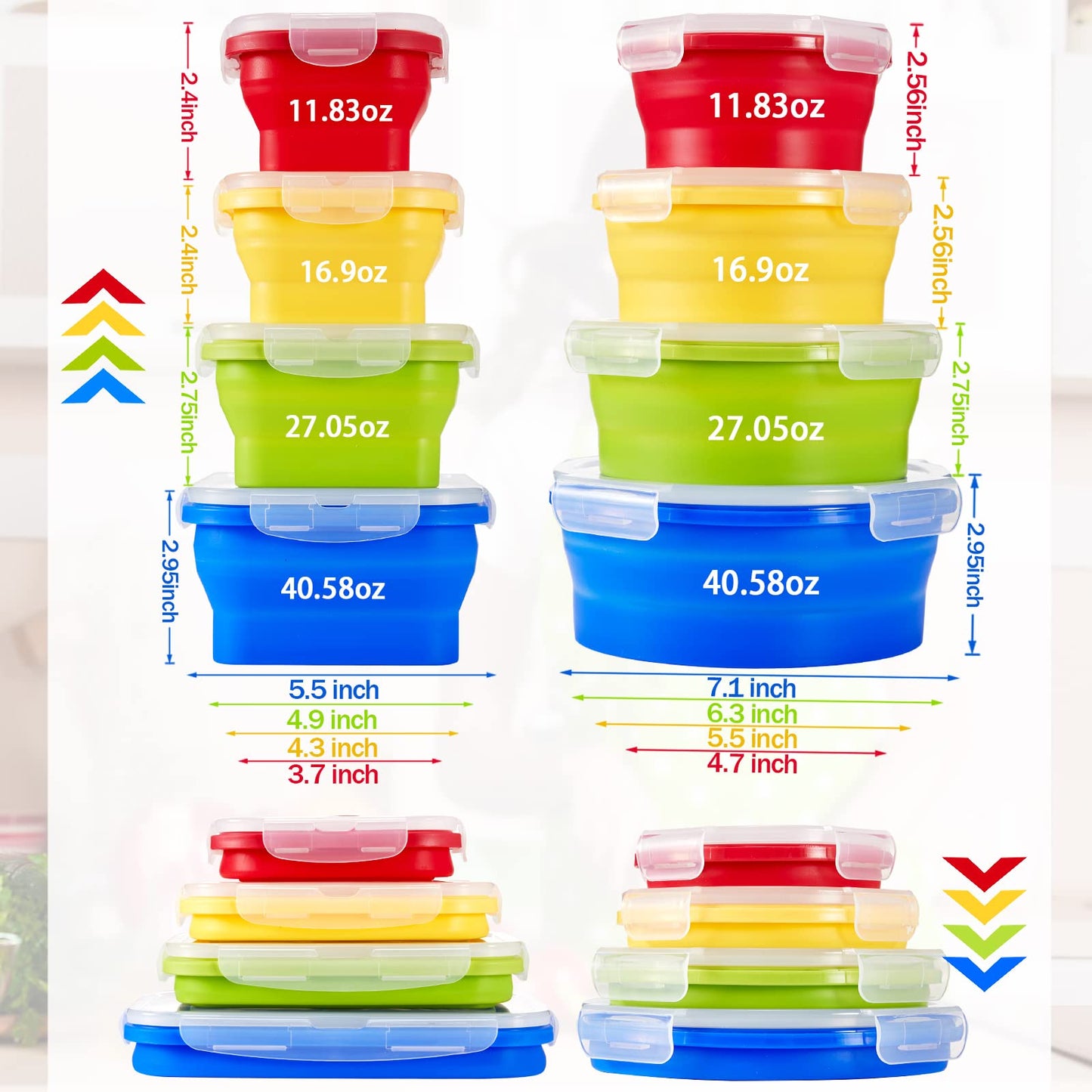 Zopeal 8 Pcs Collapsible Food Storage Containers Foldable Silicone Lunch Containers with Lids 4 Silicone Rectangle Collapsible Bowls and 4 Round Food Bowls Microwave Freezer Dishwasher Safe (Blue)