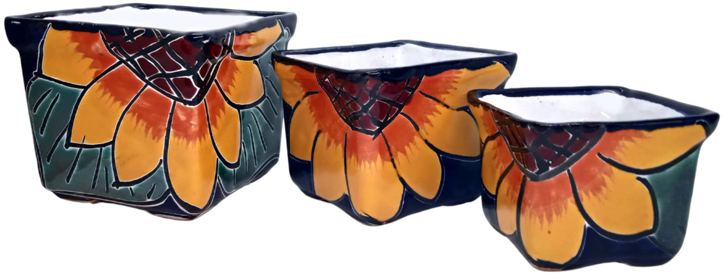 MEXTEQUIL Talavera Hand-Painted Flower Pots (Set of 3) - 2.8" Sunflower Design - Authentic Mexican Pottery Planters for Succulents