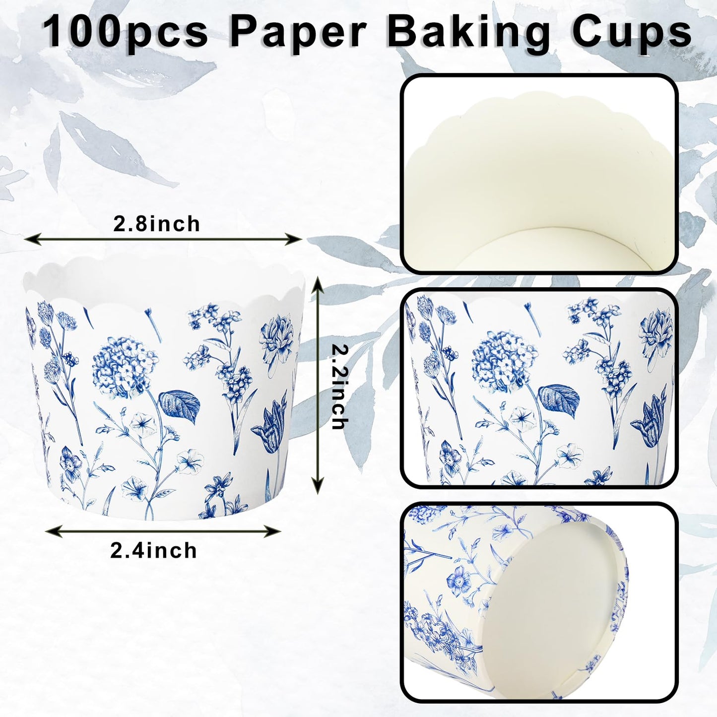 JarThenaAMCS 100Pcs Blue Floral Paper Baking Cups Blue White Wildflower Cupcake Wrappers Scalloped Edge Cupcake Muffin Cases for Spring Summer Party Supplies