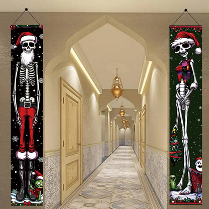 Saoplasa 2PCS Christmas Skeleton Porch Banner Decorations 71 x 12 Inch Holiday Skeleton Couple Front Door Hanging Sign Santa Hat Red Green Outfit Outdoor Wall Decor for Winter Party Yard Entrance