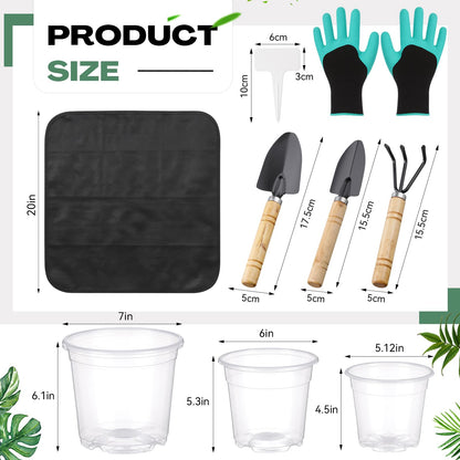 Yiyiring 83 Pcs Garden Supplies Tools Kit, 5/6/7 Inch Clear Plastic Plant Pots with Transplanting Mat, Trowel Cultivator Rake Set, Label & Glove, Succulent Tools Gift for Plant Lovers Accessory