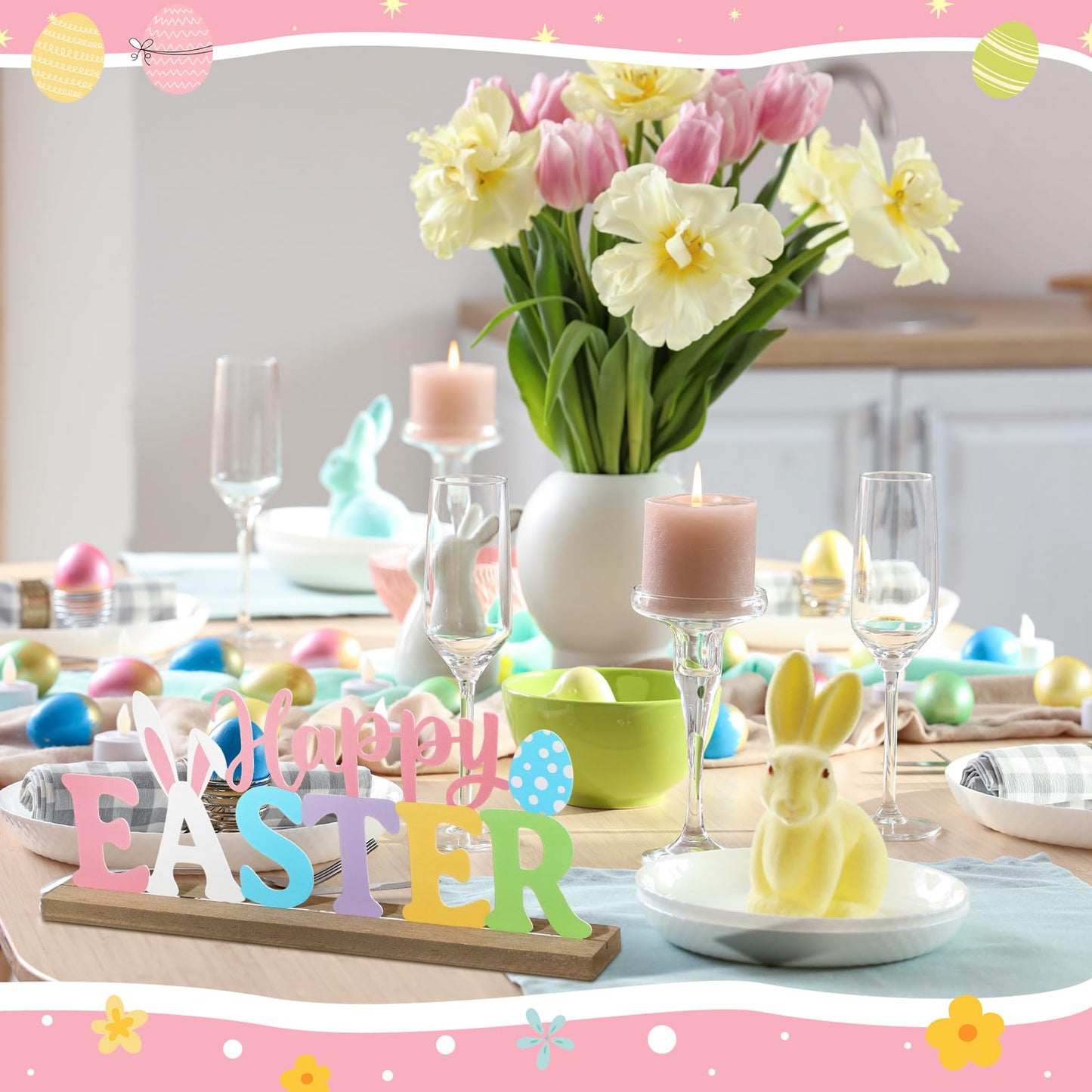 MiniInflat Happy Easter Metal Sign Rustic Table Decor Holiday Tiered Tray Decor with Wooden Base Freestanding Metal Word Sign for Home Tabletop Centerpiece Mantel Shelf Fireplace