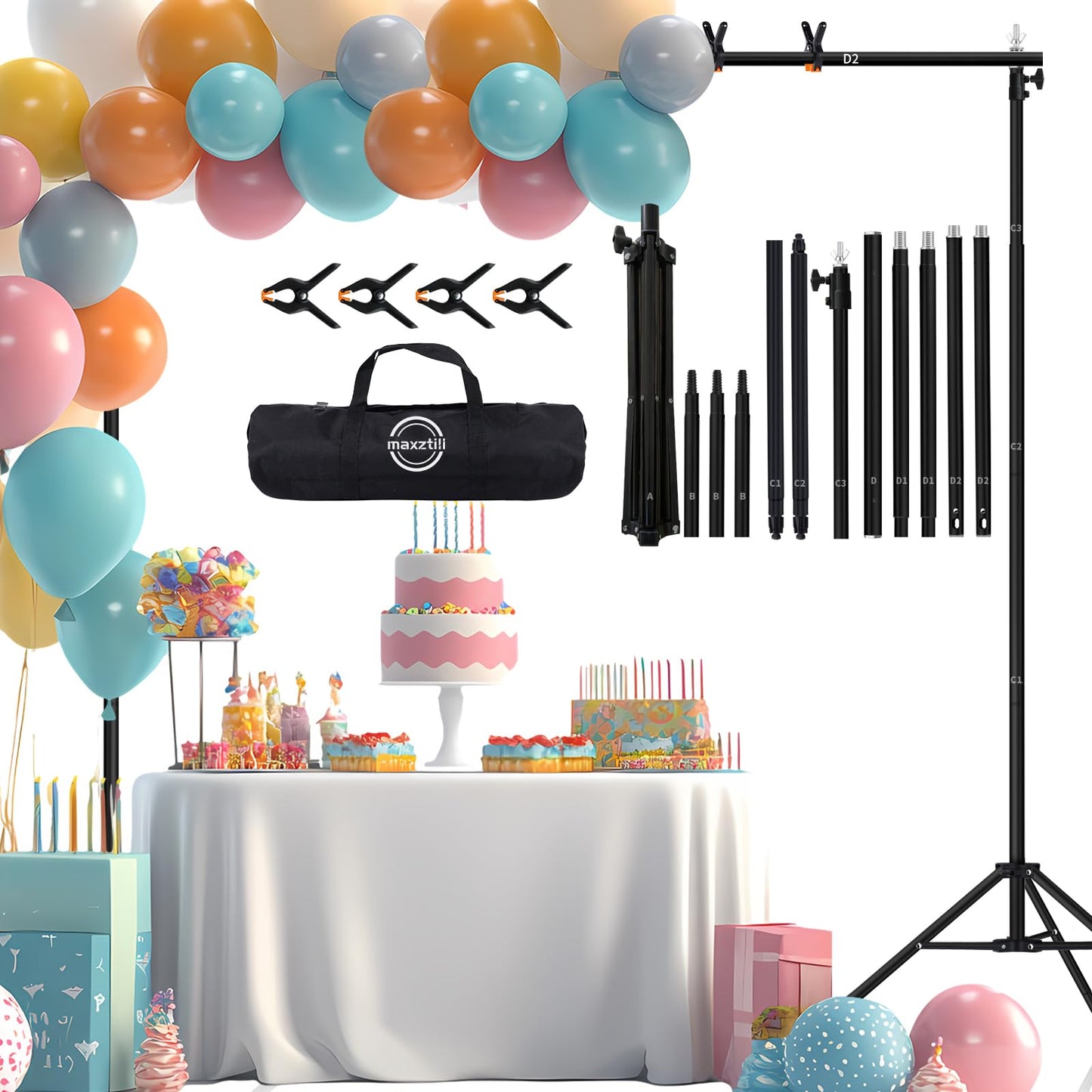 10x7 ft Backdrop Stand, Maxztill Adjustable Photo Studio Background Stand Support Kit, Banner Stand for Parties Wedding Photography Decoration with Carrying Bag