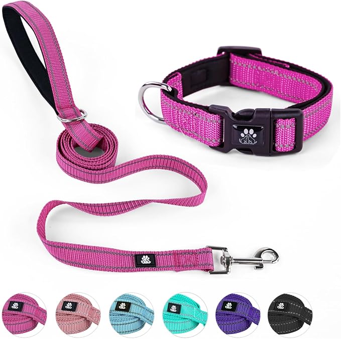 NESTROAD Dog Collar and Leash Set,Reflective Dog Collars with Quick Release Buckle,Adjustable Nylon Pet Collar for Small Medium Large Dogs(Medium,Fuchsia Pink)