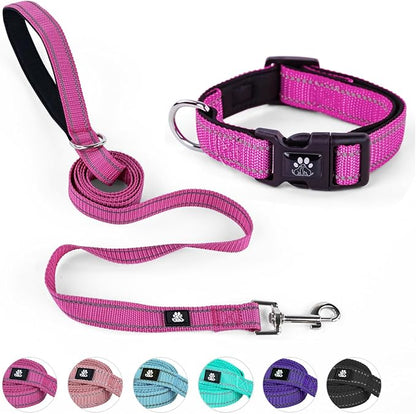 NESTROAD Dog Collar and Leash Set,Reflective Dog Collars with Quick Release Buckle,Adjustable Nylon Pet Collar for Small Medium Large Dogs(Medium,Fuchsia Pink)