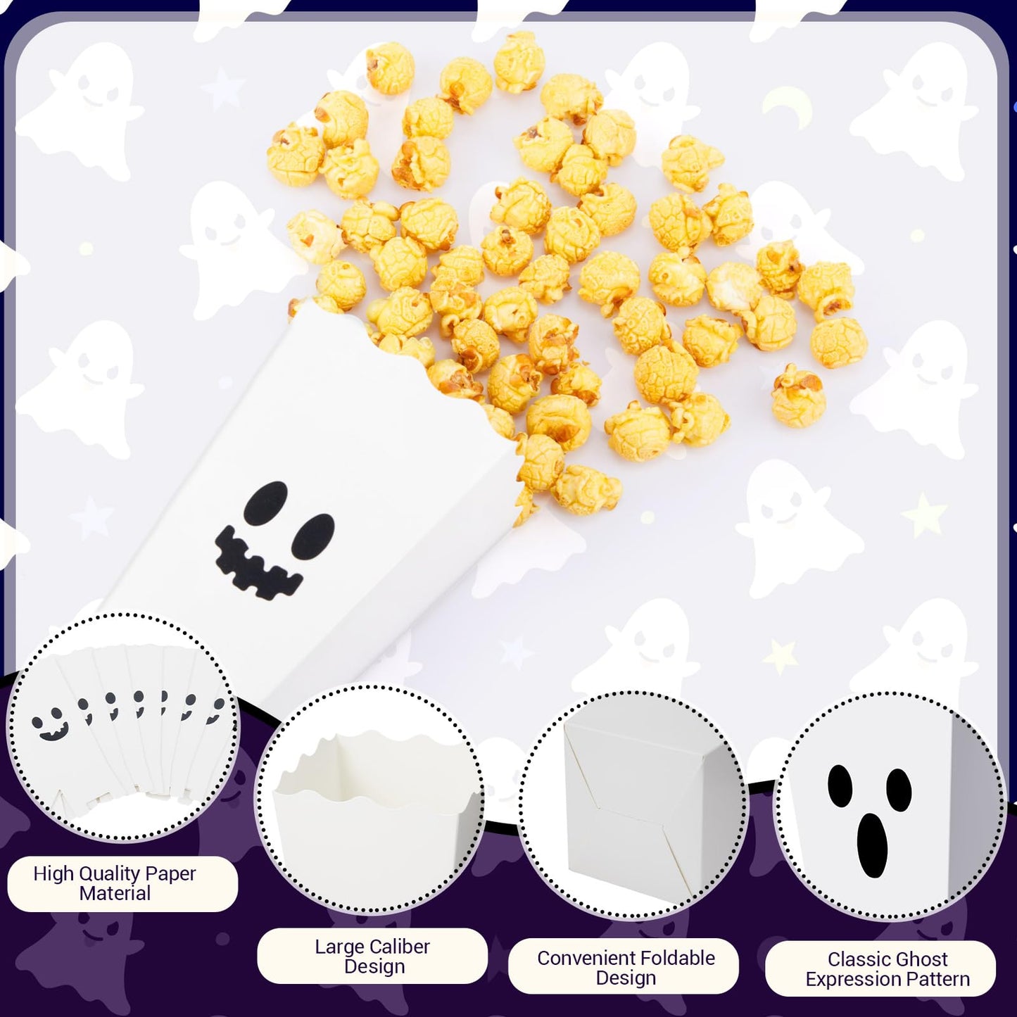 Mimorou 24 Pcs Halloween Popcorn Boxes Bulk Trick or Treat Snack Boxes Ghost Theme Paper Candy Cookie Biscuits Container Halloween Party Supplies for Party Decorations
