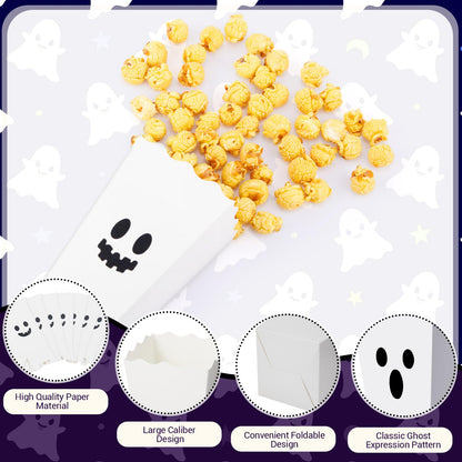 Mimorou 24 Pcs Halloween Popcorn Boxes Bulk Trick or Treat Snack Boxes Ghost Theme Paper Candy Cookie Biscuits Container Halloween Party Supplies for Party Decorations