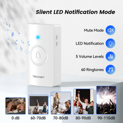 TECKNET Wireless Doorbell 1300FT, IP67 Waterproof Classroom Doorbell Battery-Powered Door Bell, 60 Chimes 5-Level Volume, Electric Doorbells No Plug-in Required for Home Classroom Teachers Warehouse