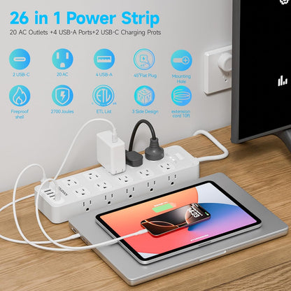 Power Strip Surge Protector Flat Plug with 20 AC Outlets 6 USB Chagring Ports, 1875W/15A, 2700J, 10 Ft Heavy Duty Extension Cord for Home, Office, Dorm, Gaming,ETL Listed (White, 10FT)