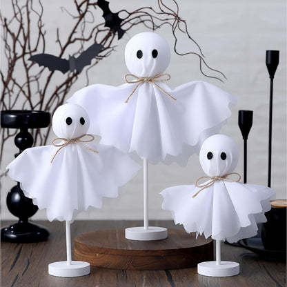 Yousoontic Ghosts Decorations Indoor Set of 3 Primitive Ghosts on Wooden Stand Farmhouse Rustic Table Decor Ghost Stand for Centerpieces Shelves Mantels Tiered Trays Home