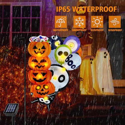 3D Lighted Halloween Garden Flag, Solar Powered LED Outdoor Skeleton & Pumpkin Holiday Yard Flag, Double Side Spooky Ghost Skull Shaped Flag for Patio Lawn, Home Porch 12×18 Inch
