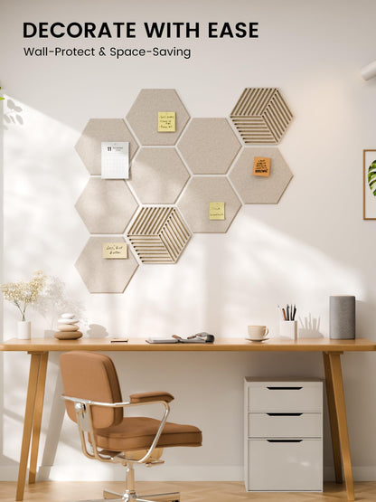 Fluxynara Hexagon Cork Board Alternative for Walls Decor-10-Pack Felt Bulletin Board Tiles,with 30 Pushpins,50 Adhesive Tabs for Office,Classrooms & Home Pin Board Felt Board-Oatmeal
