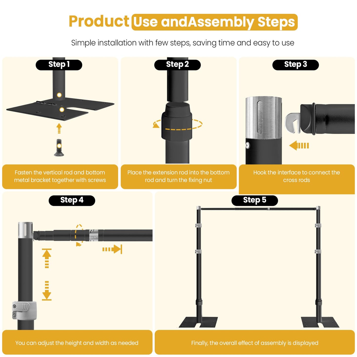 Jiang&Rong 10ft x 10ft Adjustable Backdrop Stand Kit - Heavy Duty Pipe and Drape Stand for Wedding, Birthday Party, Banquet Decorations (Black)