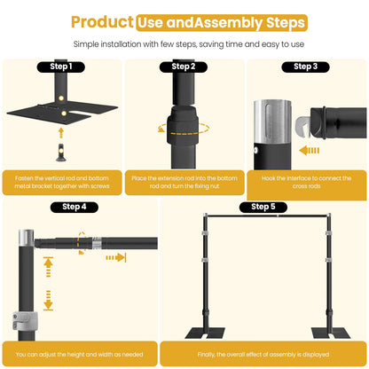 Jiang&Rong 10ft x 10ft Adjustable Backdrop Stand Kit - Heavy Duty Pipe and Drape Stand for Wedding, Birthday Party, Banquet Decorations (Black)