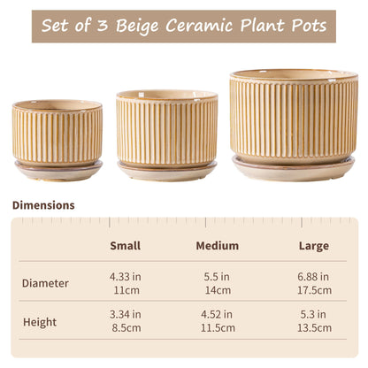 SURE YUESI Beige Ceramic Plant Pots Set of 3 (4.3”+5.5”+6.7”), Striped Planters with Drainage Hole, Saucer & Mesh Pads, Decorative Pots for Indoor & Outdoor Plants