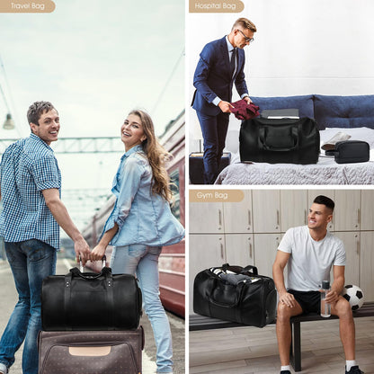 Wogarl 3PCS Leather Weekender Bag for Women Men: Large Overnight Travel Duffel Bags with Shoe Compartment Toiletry Packing Cube Carry On Tote Fit 21"(Black)