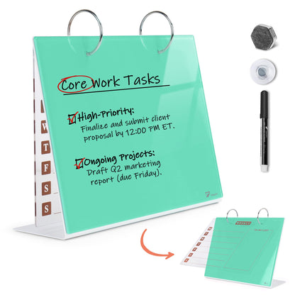 Desktop Glass Dry Erase & Acrylic Aesthetic Calendar Weekly to-do List Combo, Small Magnetic Standing Whiteboard, Desk Flip Easel Calendar with Accessories for Home Office Supply, Mint Green, 9 x 7''