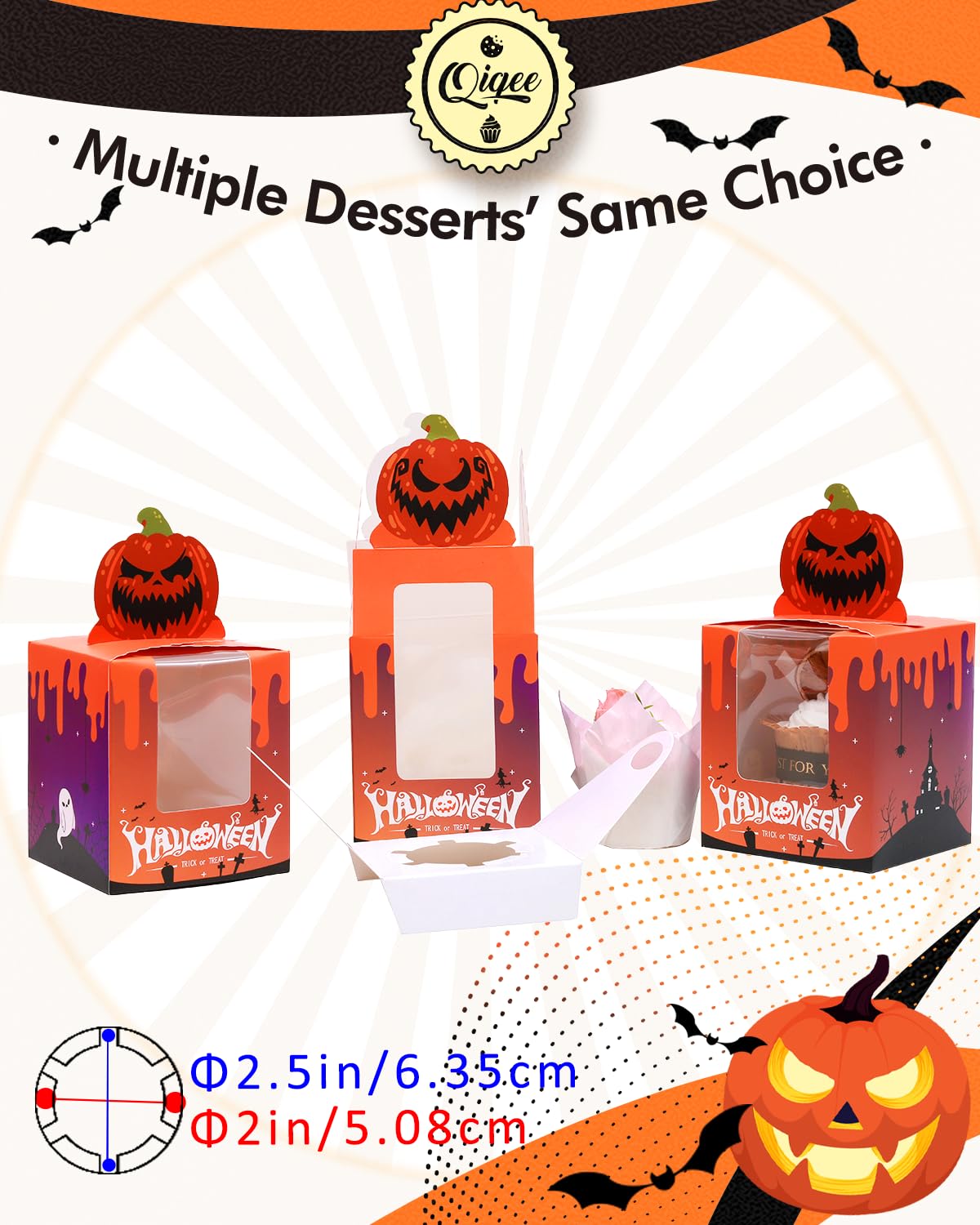 qiqee Halloween Individual Cupcake Boxes Cupcake Holders Disposable 25pcs Single Cupcake Boxes with Window 3.7x3.7x4.5 Cupcake Containers for Halloween