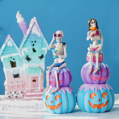 Summer Decorations Halloween Skeleton Statue - Collectible Figurines Summerween Couple with Dangling Leg Bikini Sunglass 7.5H in Perfect for Coastal Tropical Ocean Beach Pool Decor Newman House Studio