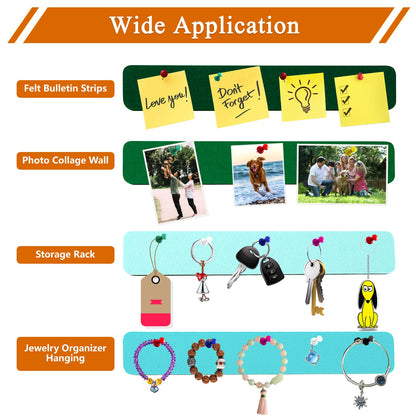 HULAVO 8Pcs Rectangle Felt Cork Board Bar Strips with 35 Pushpins, Self-Adhesive Bulletin Board Strips for Office School Home Wall Decor Stickers Memos Schedules Photos Display -Gradual Green