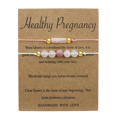 IQIC Handmade Fertility & Pregnancy Bracelet with Natural Rose Quartz, Aquamarine & Moonstone, Healing Crystal Bracelet for Pregnant Women, Comes with Blessing Card for Safe Delivery & New Beginnings