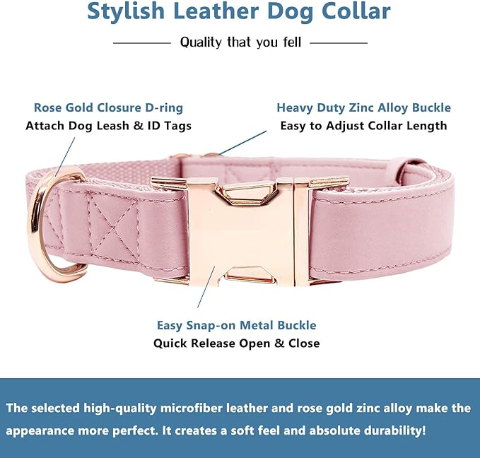 Soft Leather Dog Collar and Leash (6.6') Set - Stylish Rose Gold Heavy Duty Metal Buckle, 4 Adjustable Lengths Leash for Small Medium Large Dogs - Comfortable & Easy to Clean Pink L(15.4"-24.8")