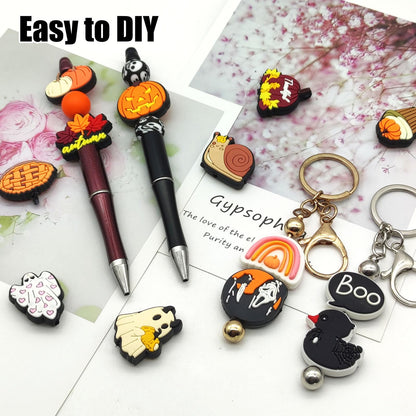 YOKUSHI 50 Pcs Halloween Focal Beads for Pens Bulk, Fall Spooky Charms Loose Rubber Pumpkin Ghost Shaped Bead for Keychain DIY Beadable Pens Making Supplies (Autumn)