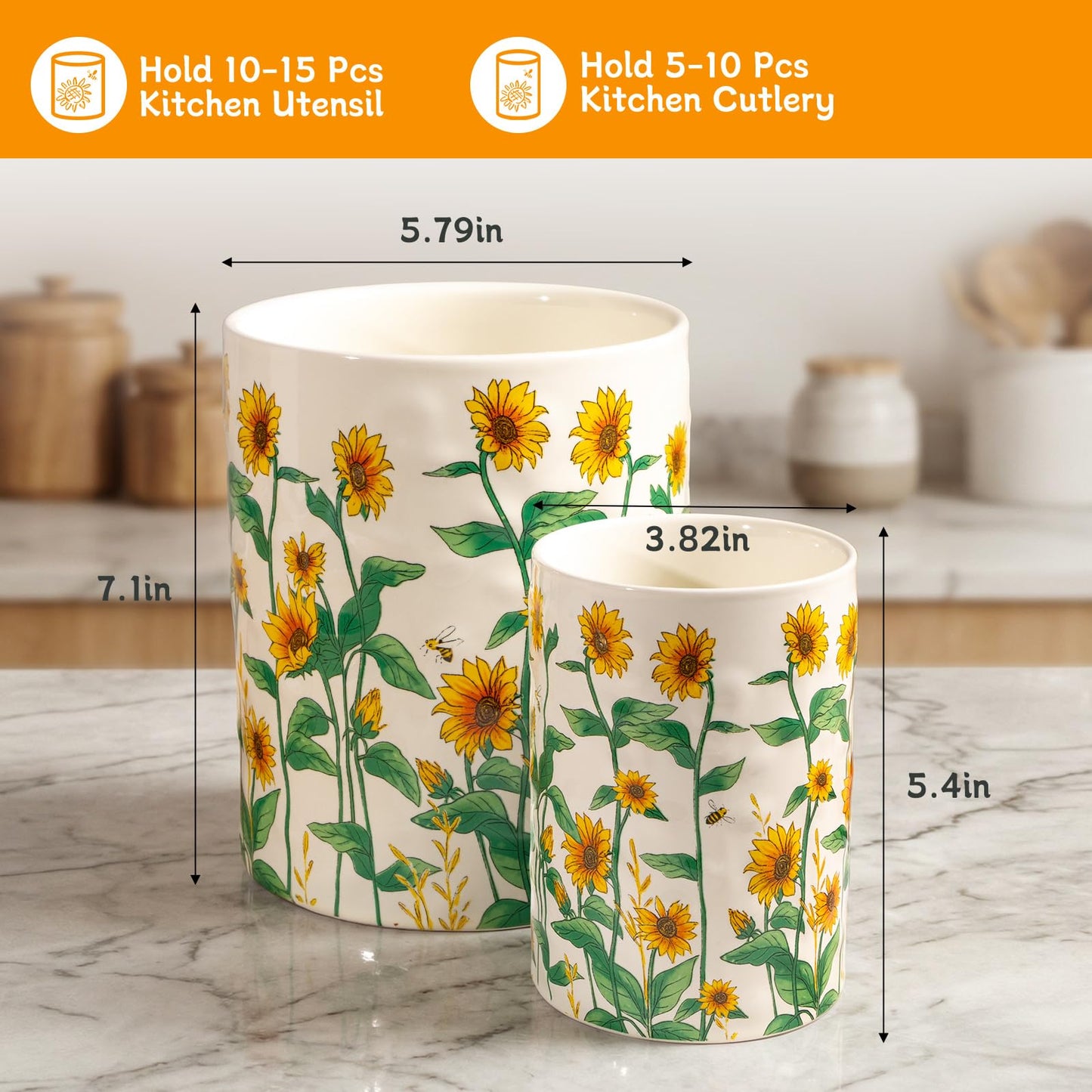 Sunflower Utensil Holder, 7.1"+5.4" Ceramic Utensil Holder for Kitchen Counter, Cooking Utensil Crocks for Countertop, Utensil Storage Container Organizer for Spoon, Sunflower Farmhouse Kitchen Decor