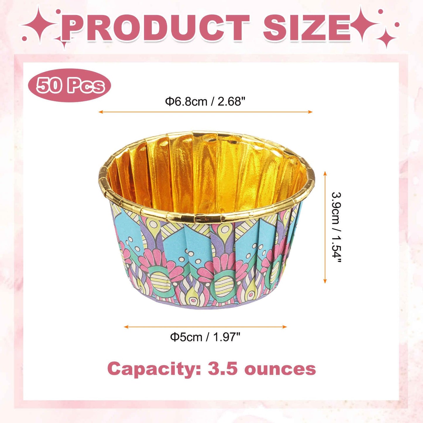 HARFINGTON 50 Pcs Cupcake Baking Liners 3.5 oz Foil Cupcake Liners Gold Little Baking Cups Bohemian Style for Birthday Party Wedding Festival, Blue/Pink